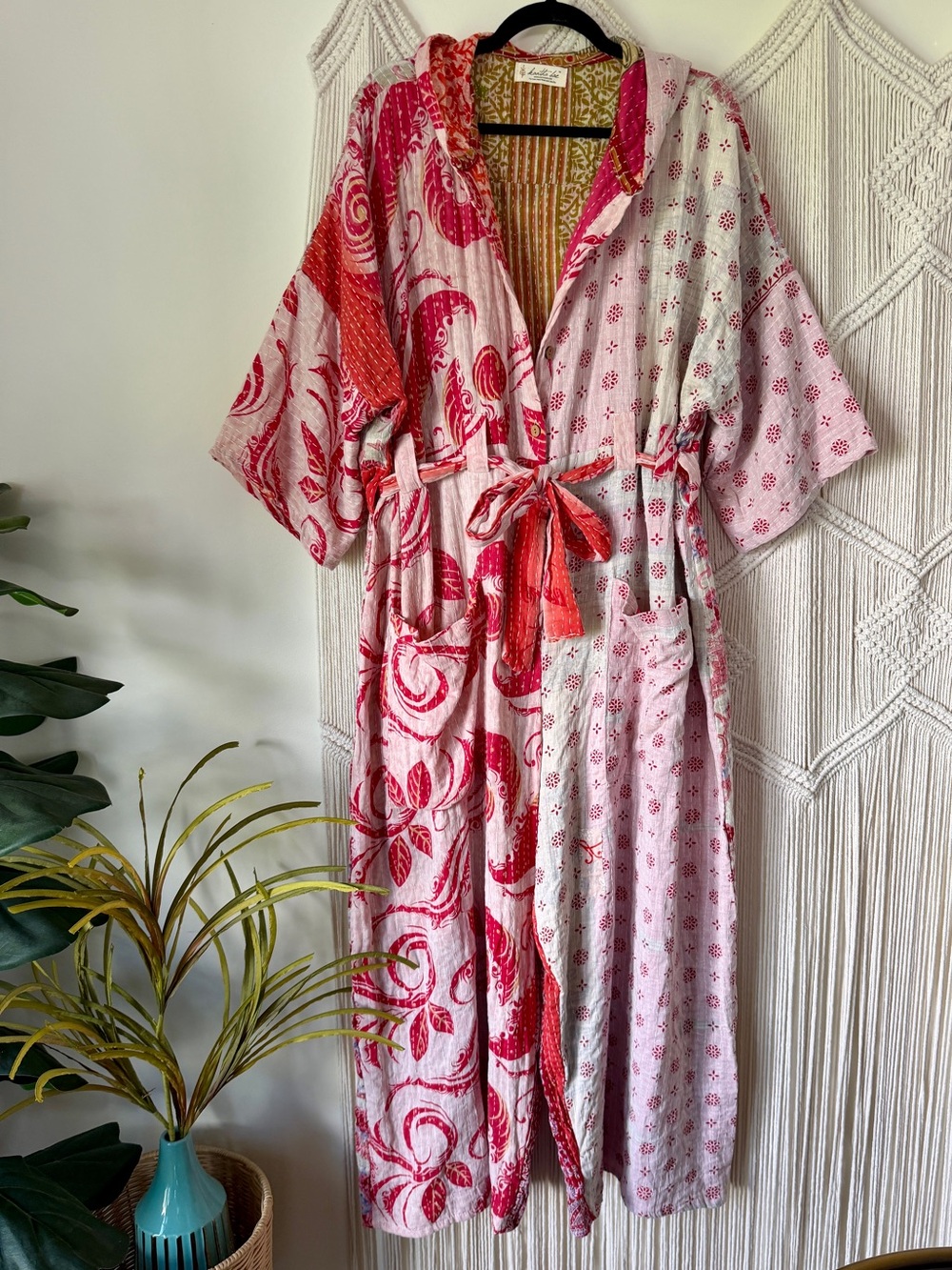 Kantha Bae Pink/Red Vintage Cotton Sari Floral Zen Hooded Jumpsuit OS NWOT